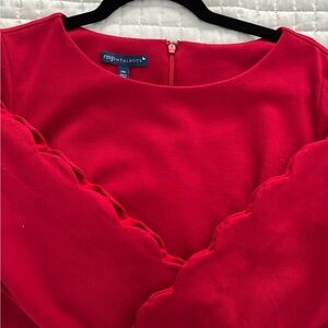 Talbots perfect Red Dress.Open Scallops along the long sleeves. Add your pearls!